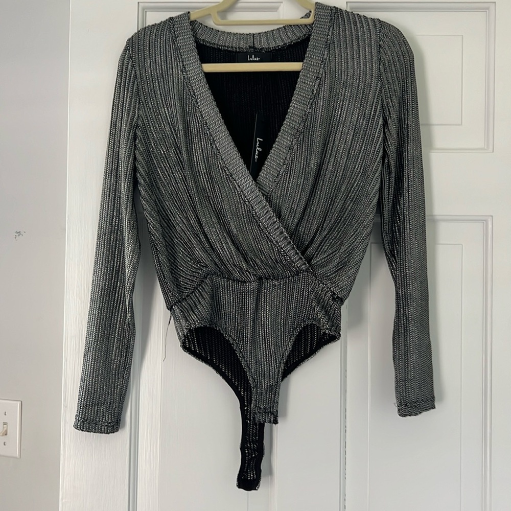 Lulus black and silver going out body suit